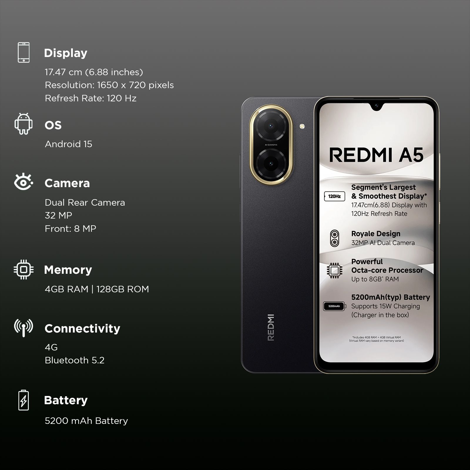 Buy Redmi A5 (4GB RAM, 128GB, Just Black) Online - Croma